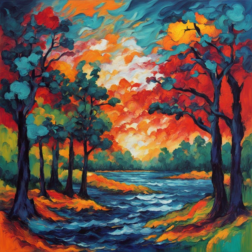 Vibrant Forest and Seascape in Abstract Expressionist Style