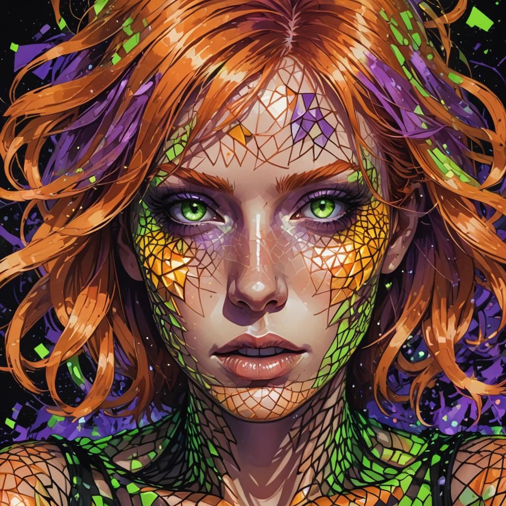 Neon Pixel Woman in Inkpunk Anime Style