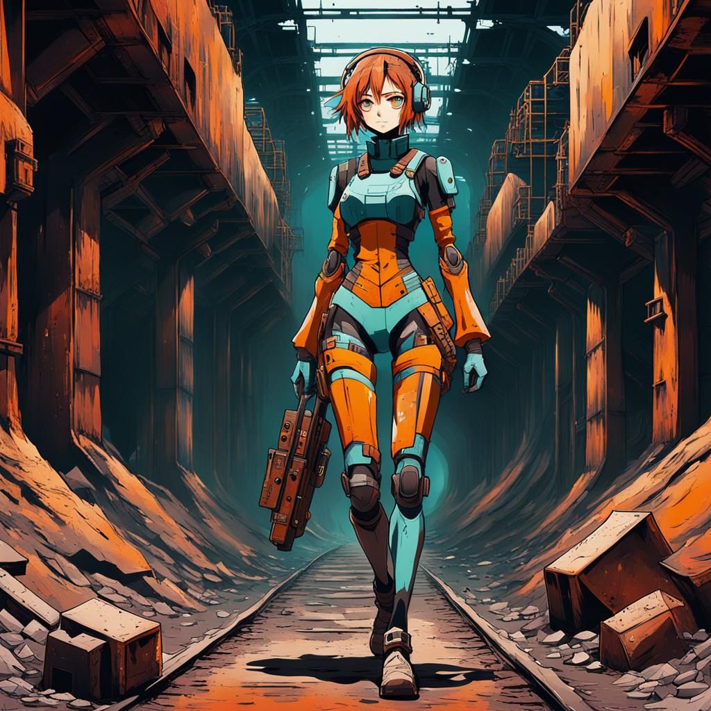 Sci-Fi Anime Girl in Industrial Outpost