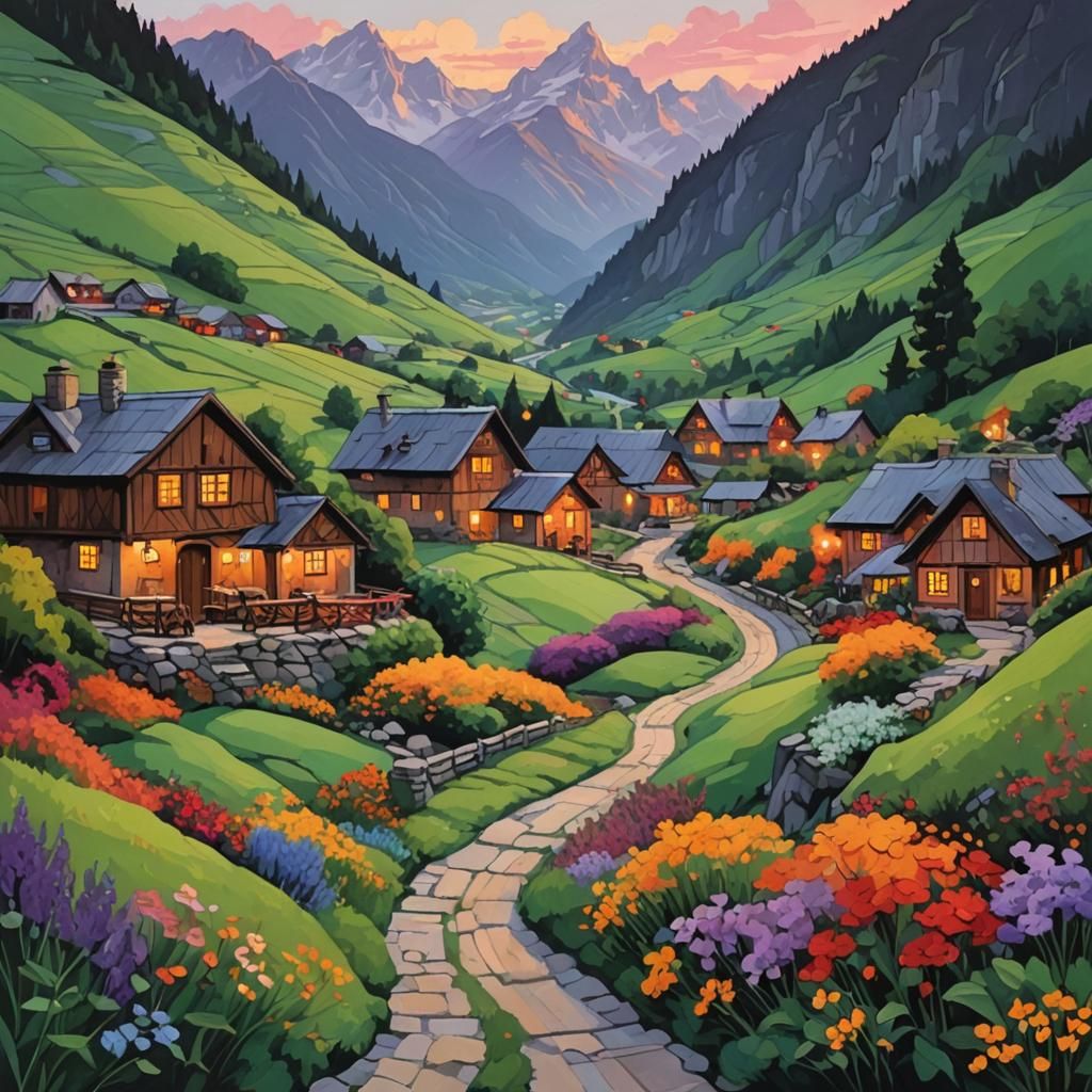 Cozy Tavern on Valley Path at Dusk in Abstract Art