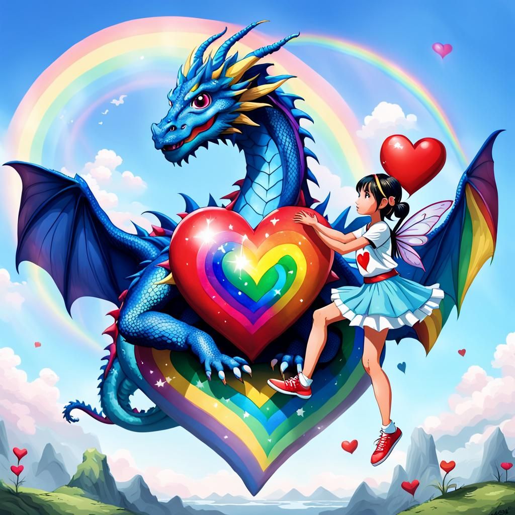 Fairy and Dragon with Rainbow Heart