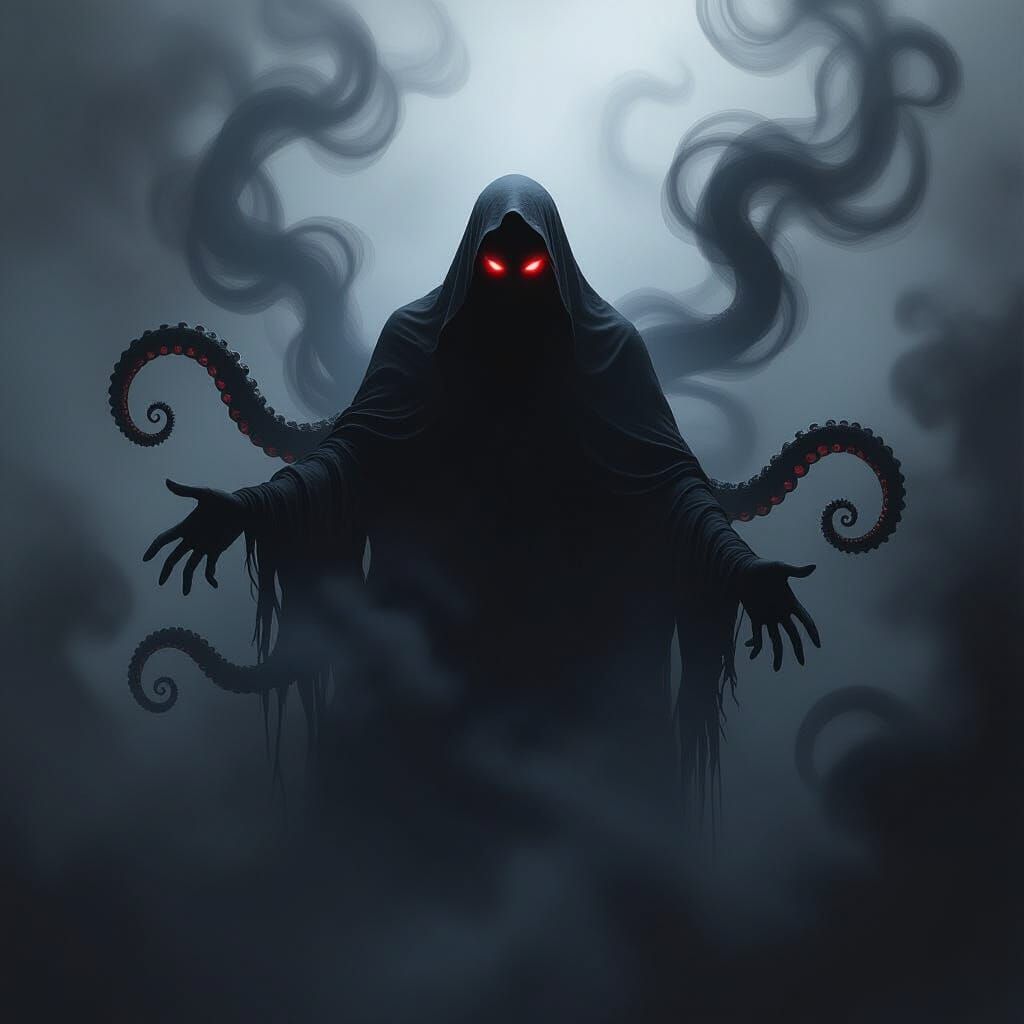 Terrifying Shadow Figure with Red Eyes in Gothic Style