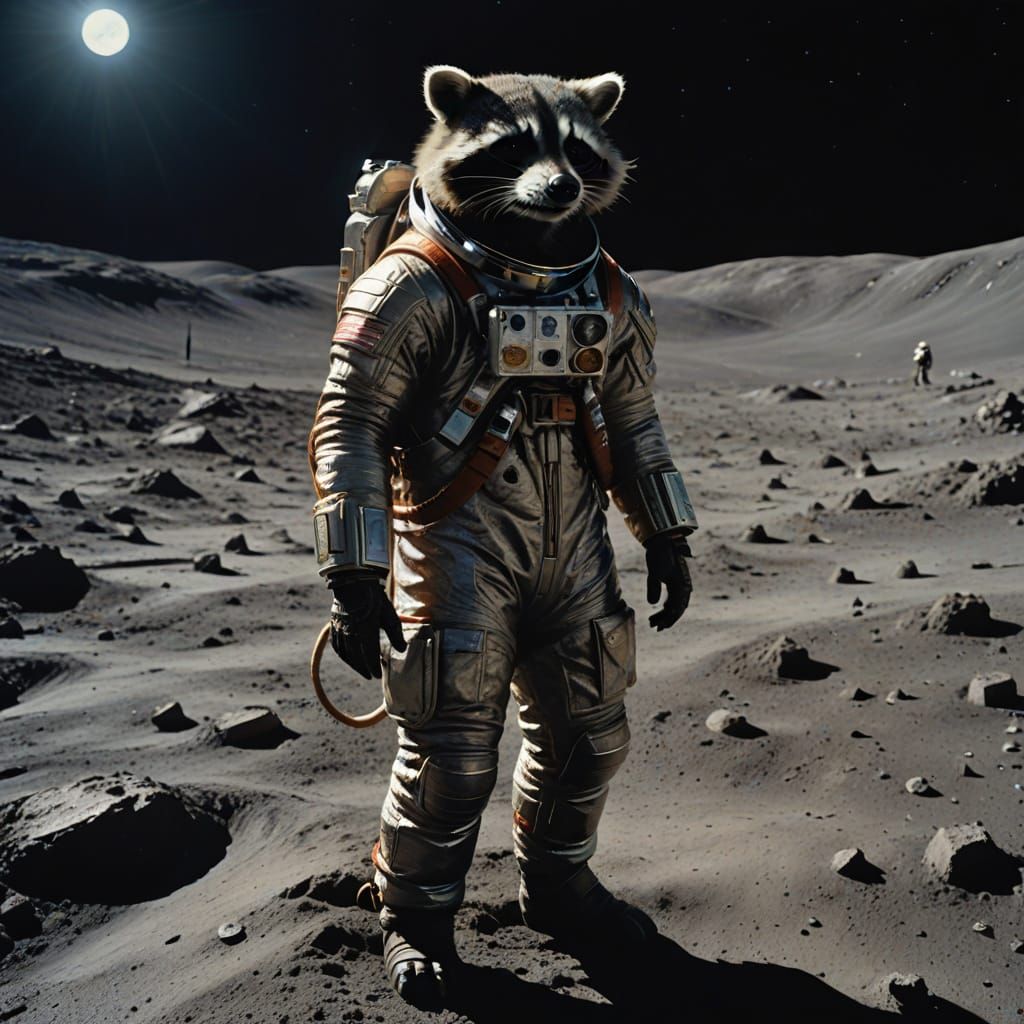 Heroic Raccoon in Moonlit Space Suit