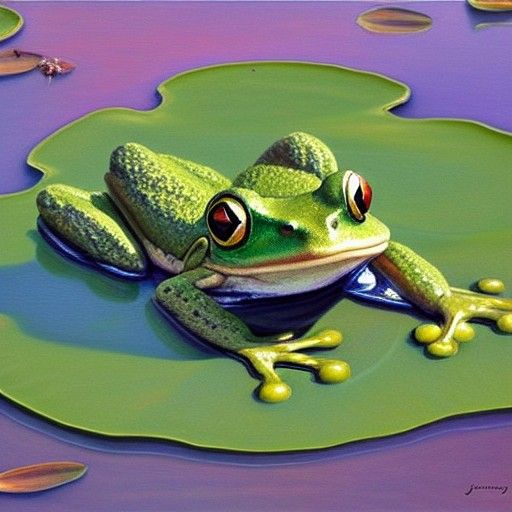 Adorable Frog on Lily Pad: Photorealistic Oil Painting