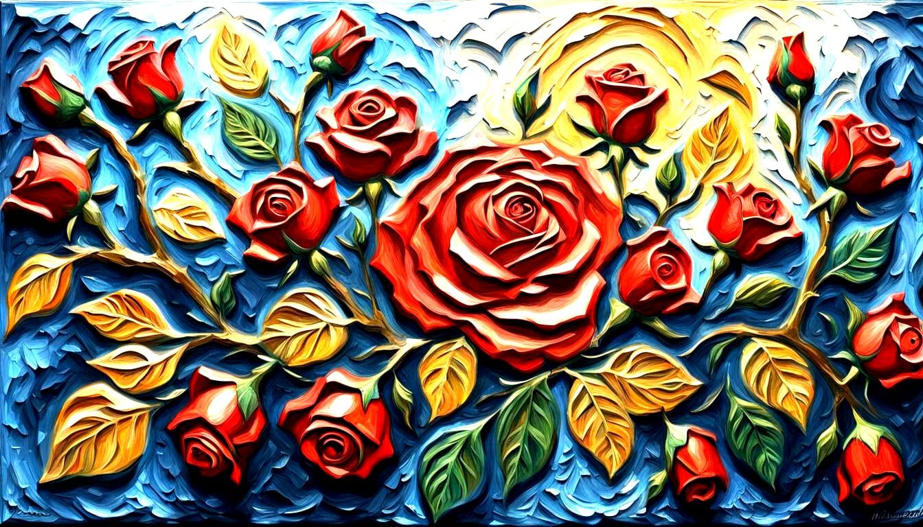 Detailed 3D Impasto Roses with Dramatic Lighting