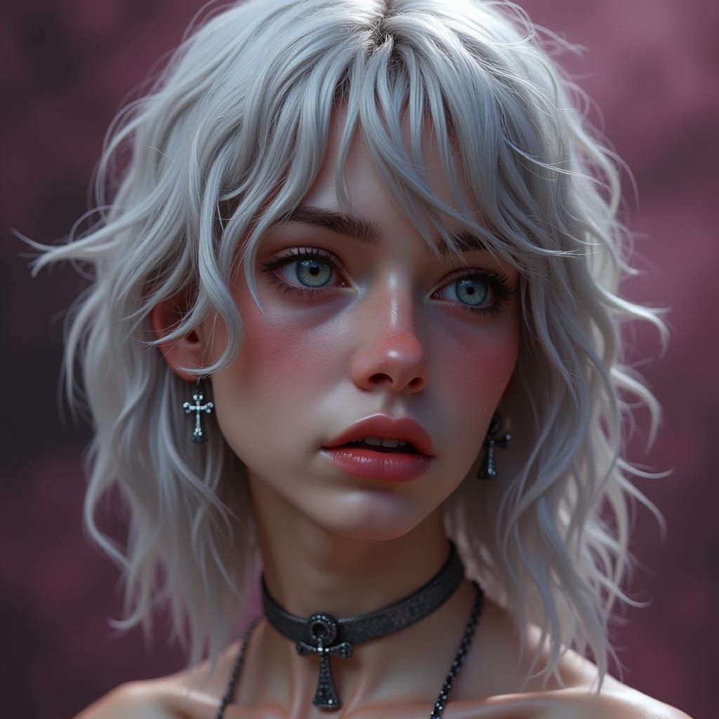 Sorrowful Silver-Haired Woman in Smoky Mauve Haze