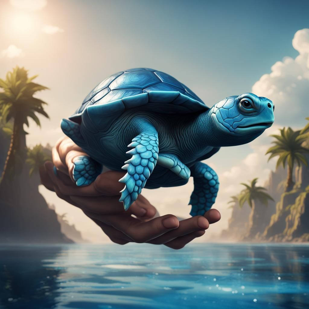 Man Holding a Cute Blue Turtle: Fantasy Art