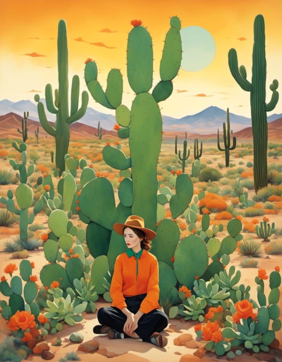 A beautiful desert <lora:Succulents:1.0> garden filled with <lora:Marvellous Miro:1.0> cacti with the setting sun in the...