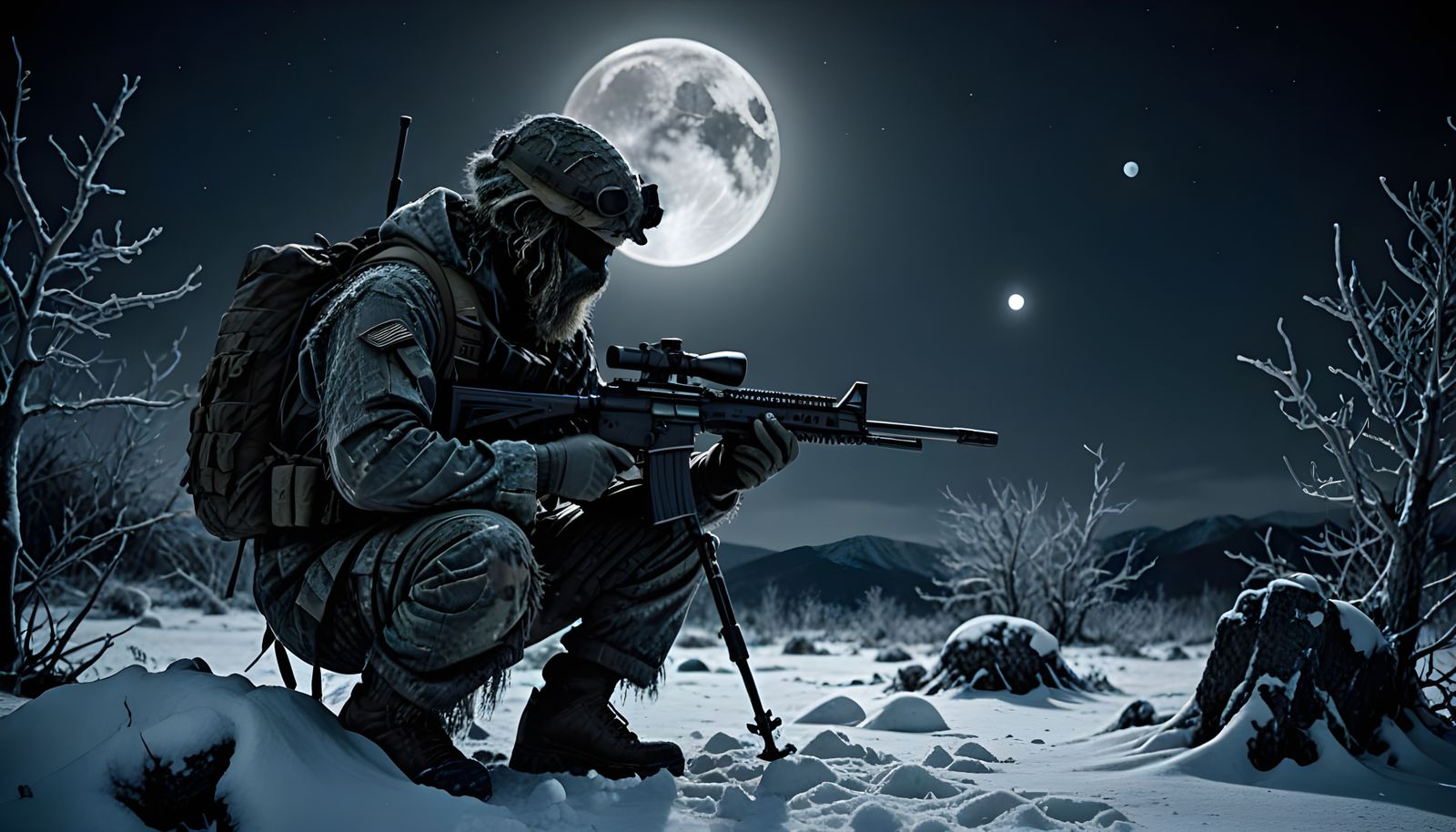 Ghillie Suit Soldier Under Full Moon in Snowy Landscape
