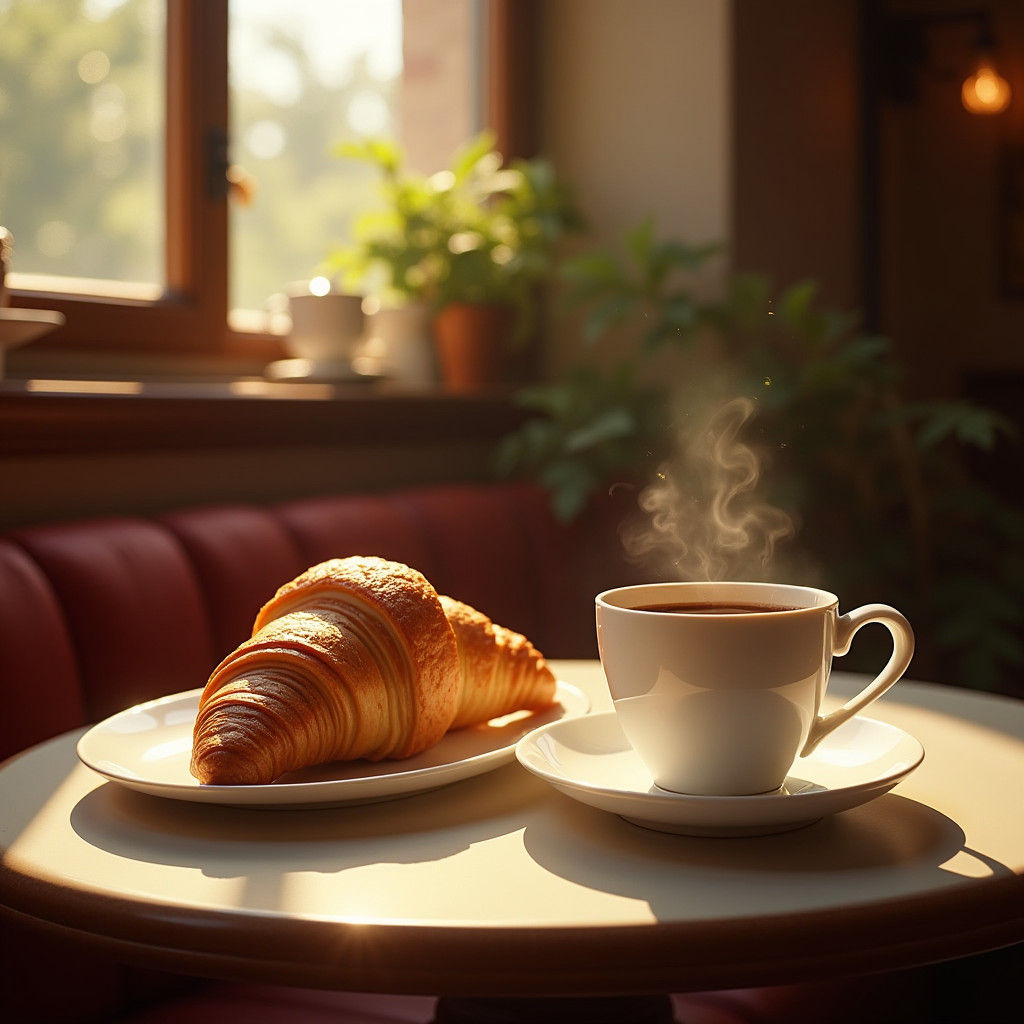 Golden Croissant and Coffee in Cozy Cafe