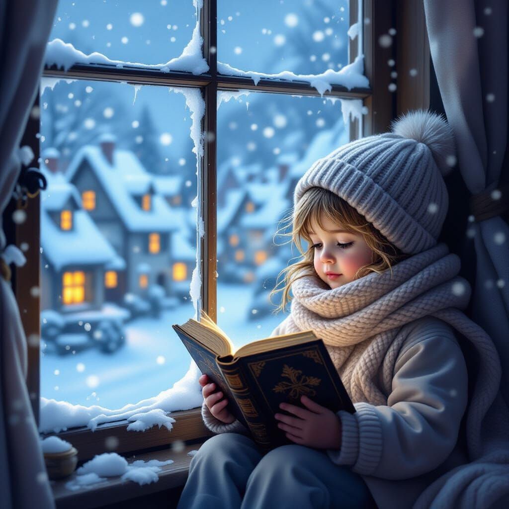 Child Reads by Window Overlooking Snowy Village