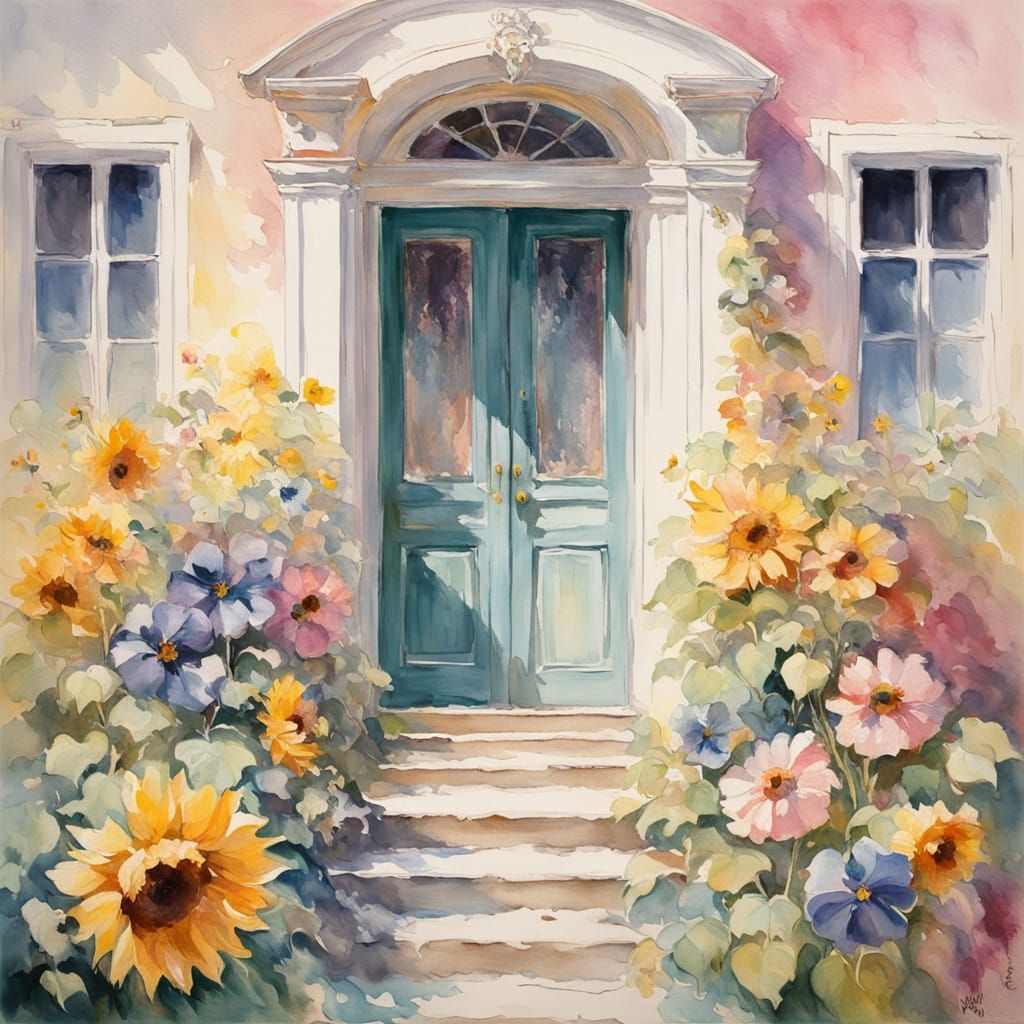 Whimsical Sunrise at a Pink House Door