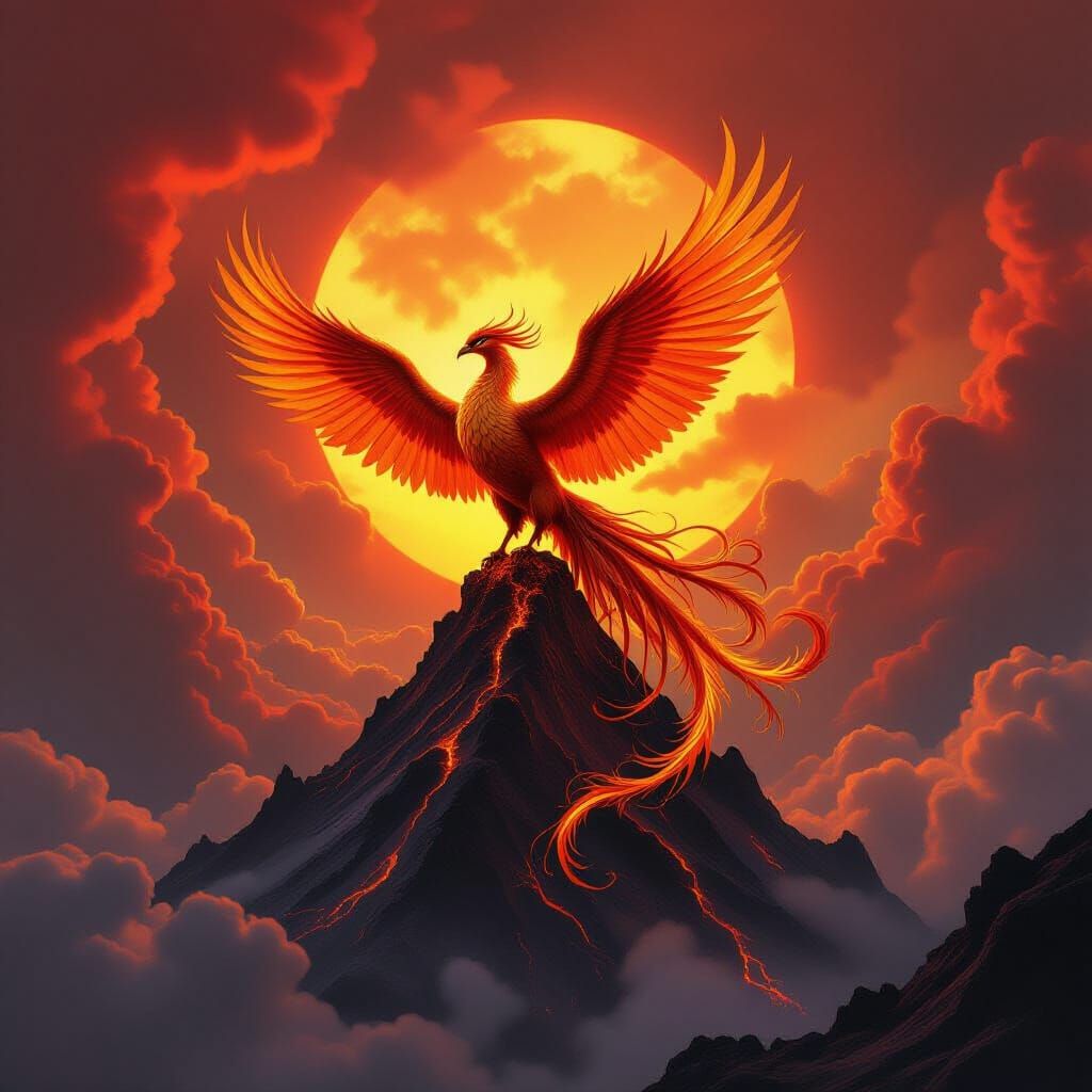Molten Gold Phoenix on Volcanic Peak