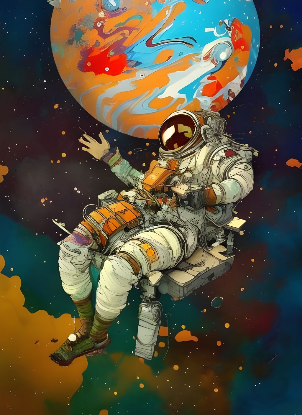 Astronaut Floating in Space with Oil Splash Effects