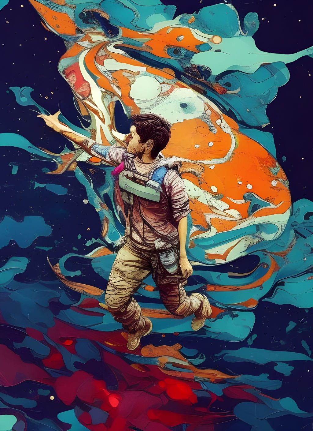 Astronaut Floats in Marbled Space: Detailed Illustration