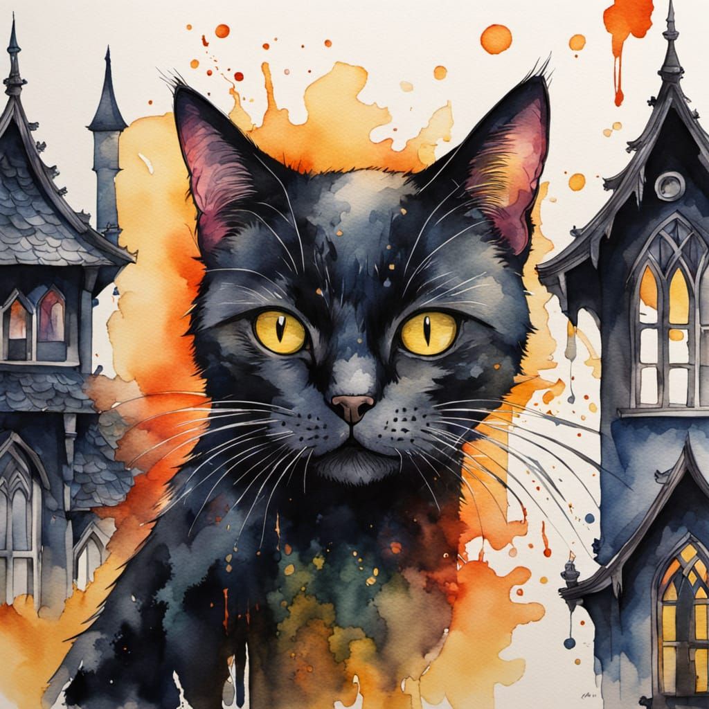 Black Cat on Gothic Roof in Watercolor Style