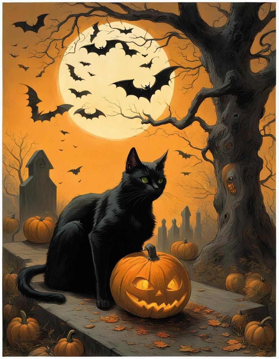 Black Cat and Pumpkin in a Spooky Landscape