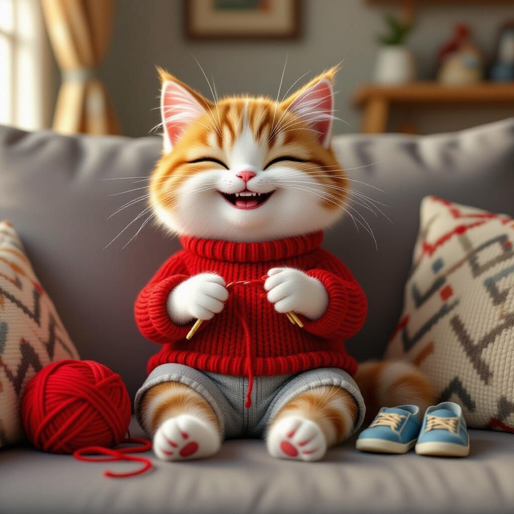 Ginger Cat Knitting in Cozy Pixar Animation Style