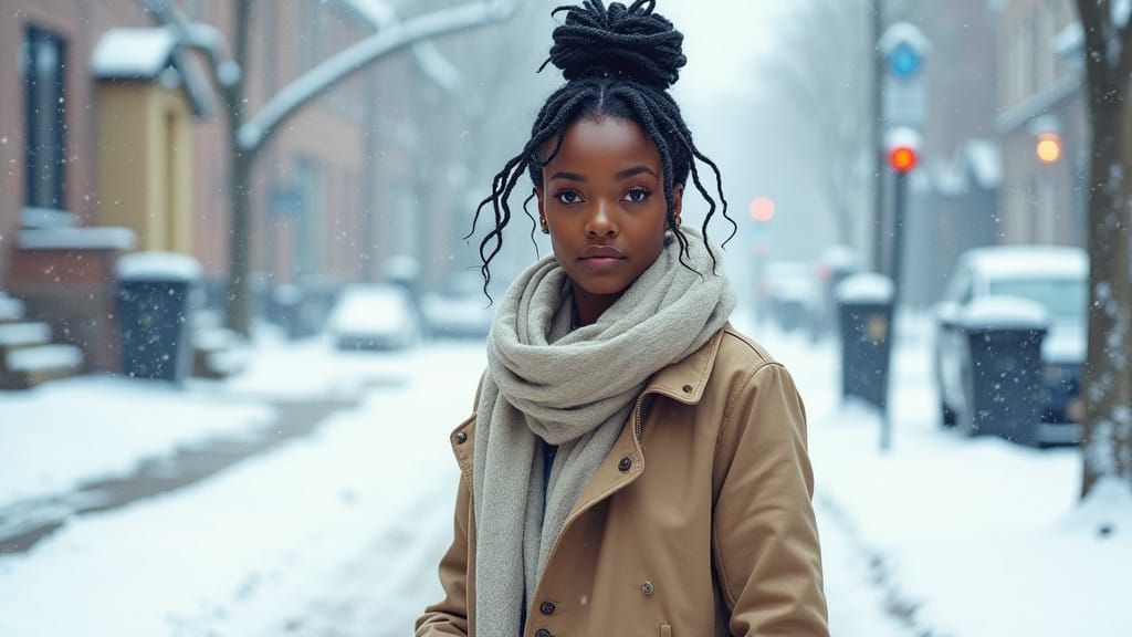 Serene African American Woman Walks Through Winter Wonderlan...
