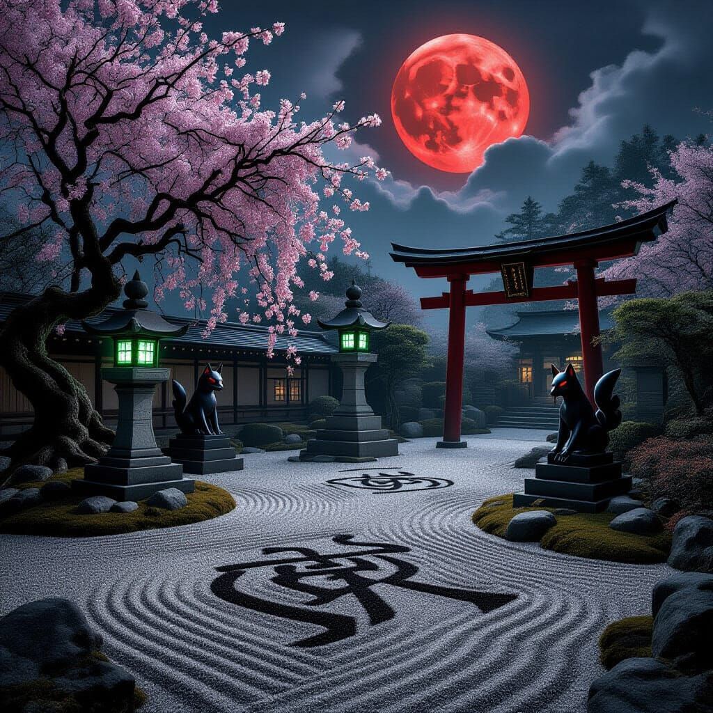 Haunted Japanese Zen Garden Under Blood-Red Moon