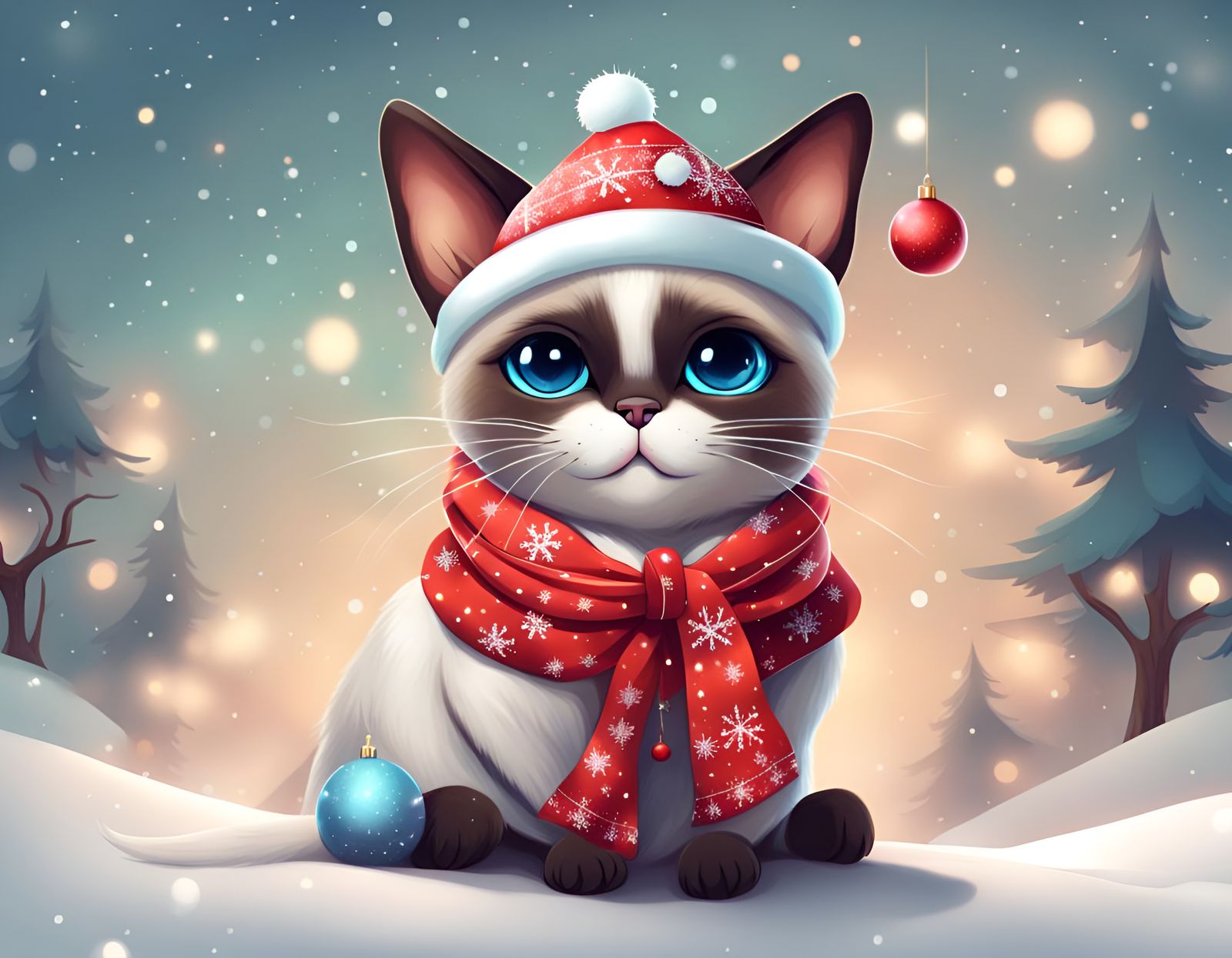 Cute Siamese Cat in Christmas Outfit