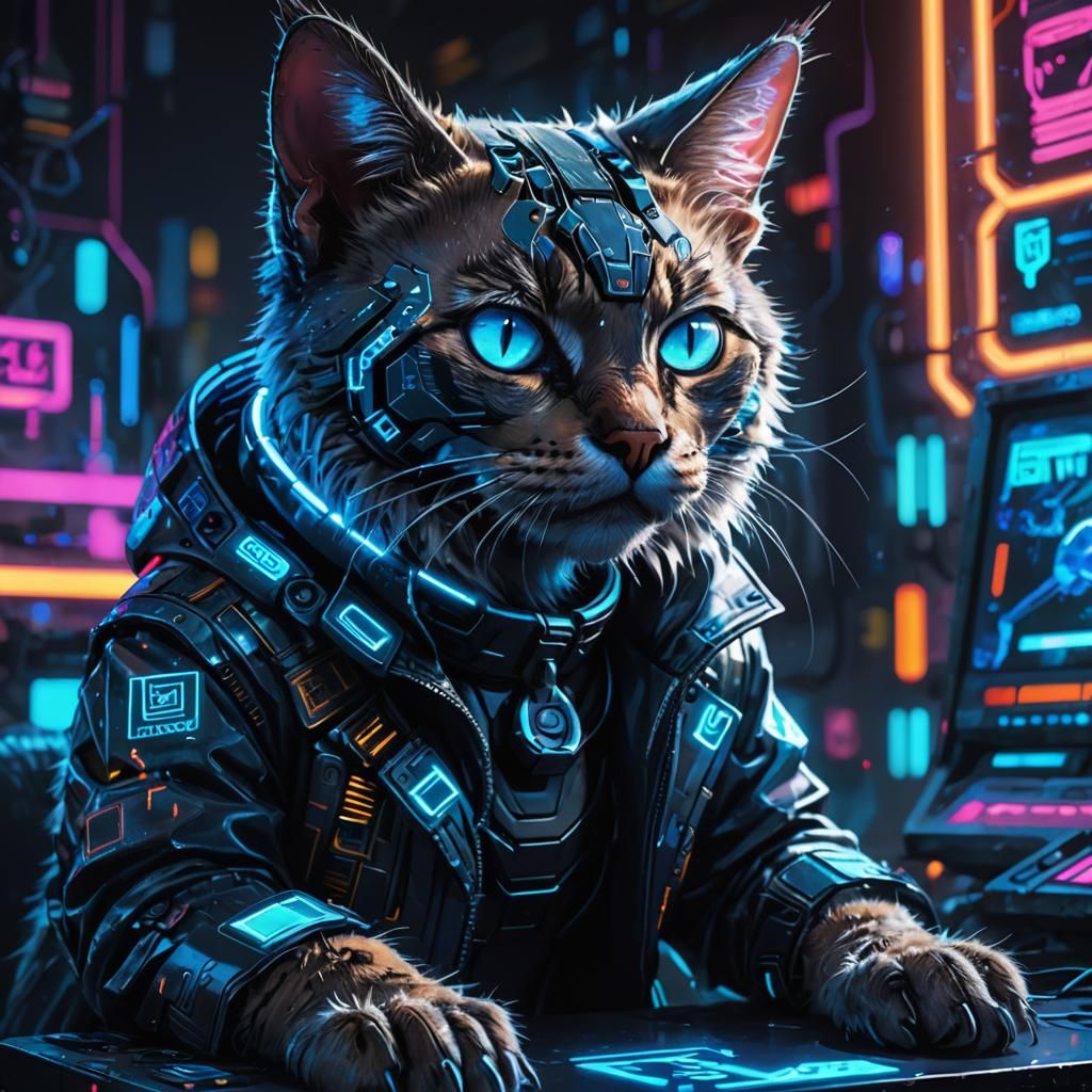 Cyberpunk Cat Portrait with Neon Accents