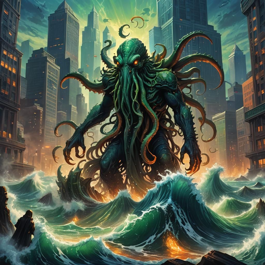 Cthulhu Emerges From Ocean: Dark Fantasy Art
