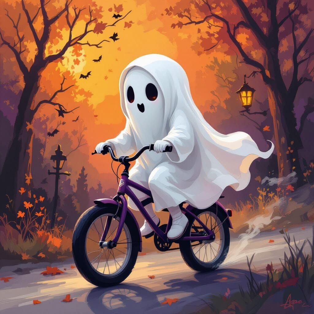 Cute Ghost Riding Bike in Halloween Oil Painting
