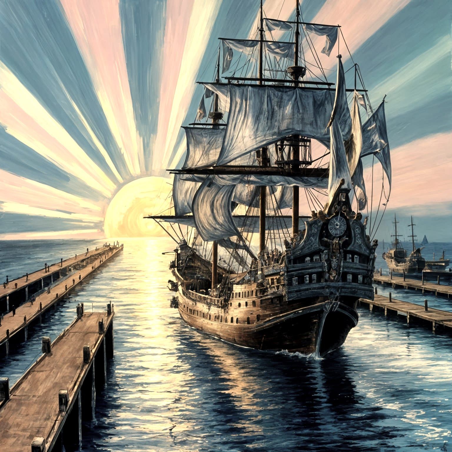 Pirate Ship at Sunset as Renaissance Painting