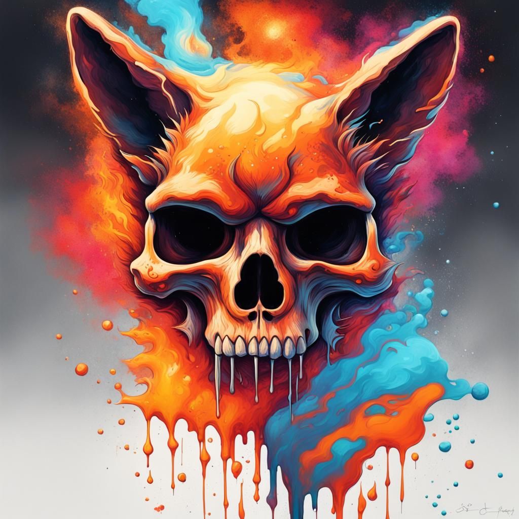 Flaming Fox Skull in Space Graffiti Art