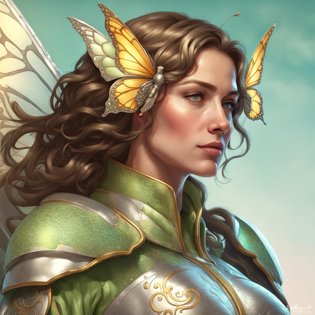 Butterfly Winged Woman in Ornate Armor Portrait