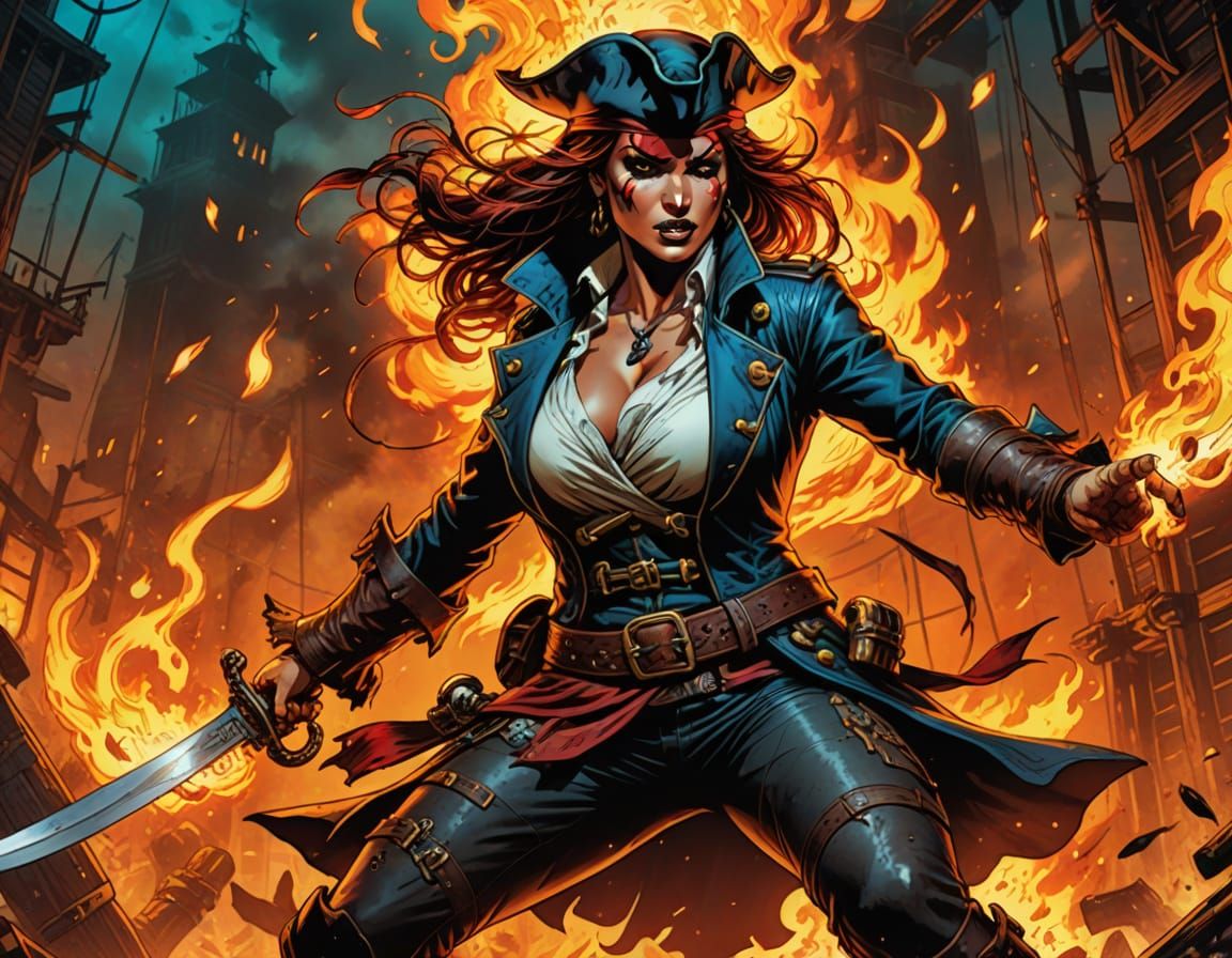 Dynamic Pirate Woman in Comic Book Style
