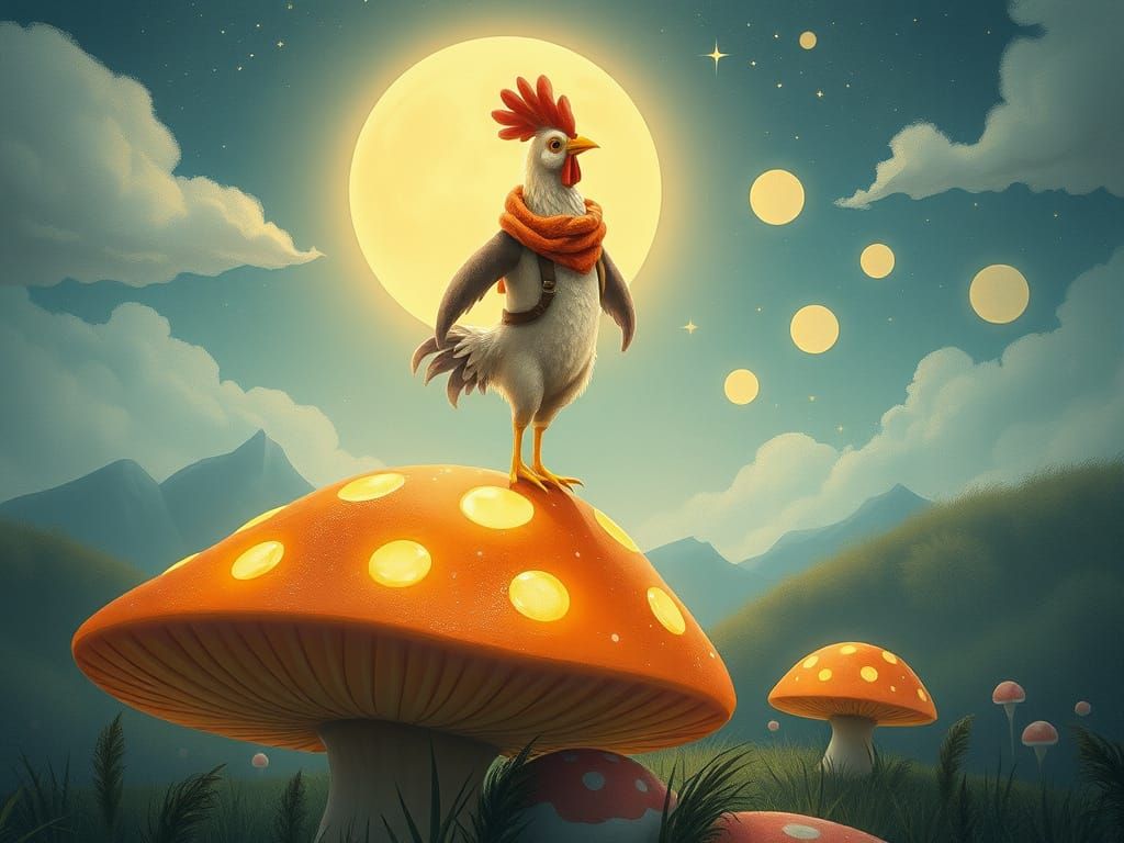 Whimsical Chicken Adventurer in Enchanted Moonlight Landscap...