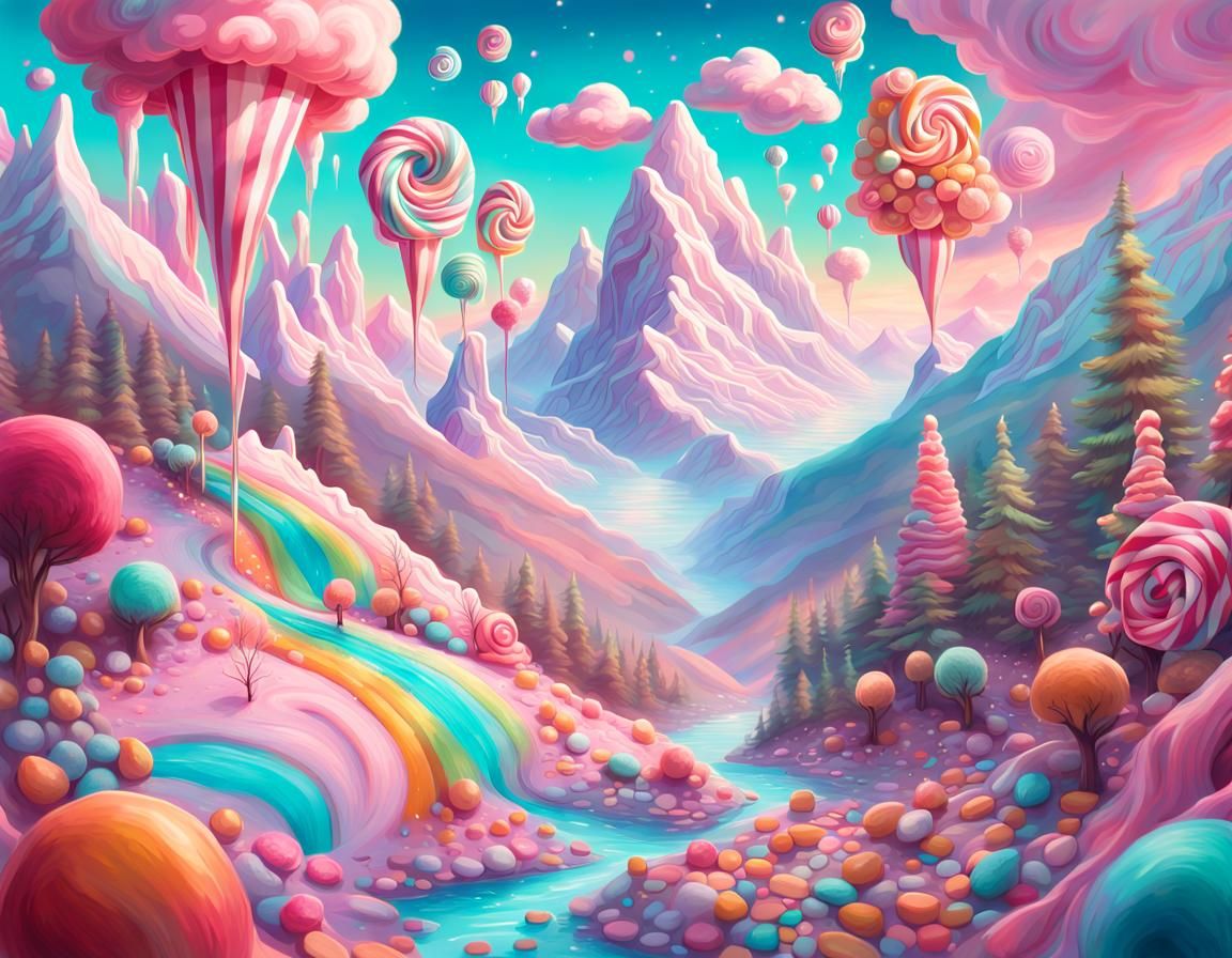 Hyperrealistic Candyland with Glowing Mountains and Candy Tr...