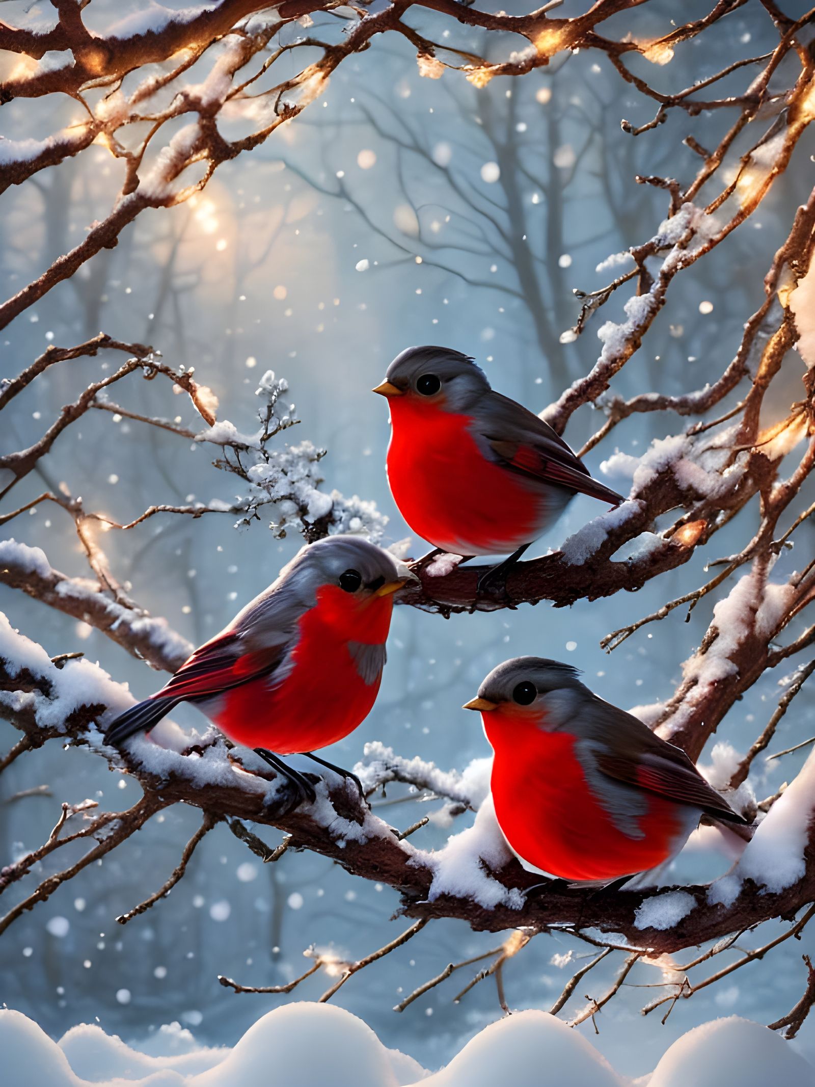 Wintery Robin Duo in Christmas Tree Scene