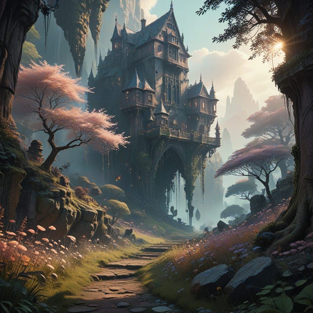 Whimsical Watercolor Fantasy Landscape with Cinematic Lighti...