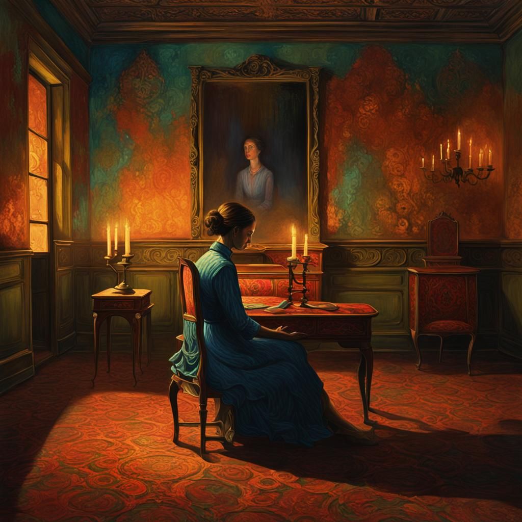 Woman in Eerie, Abandoned Room, Oil Painting in Vibrant Tria...