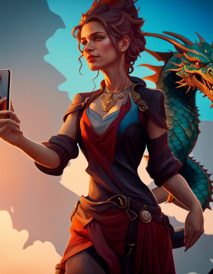 Woman and Dragon Selfie: Hyperdetailed Concept Art