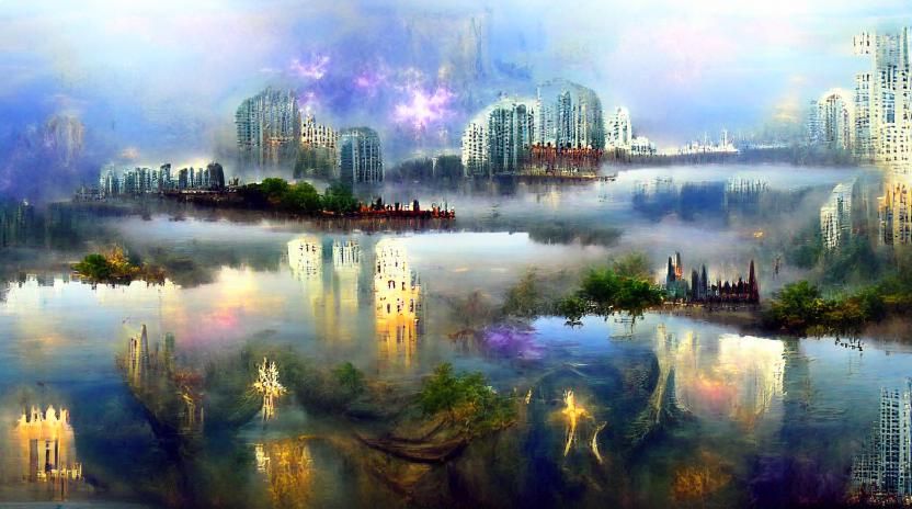Ethereal City Reflection in Fantasy Landscape