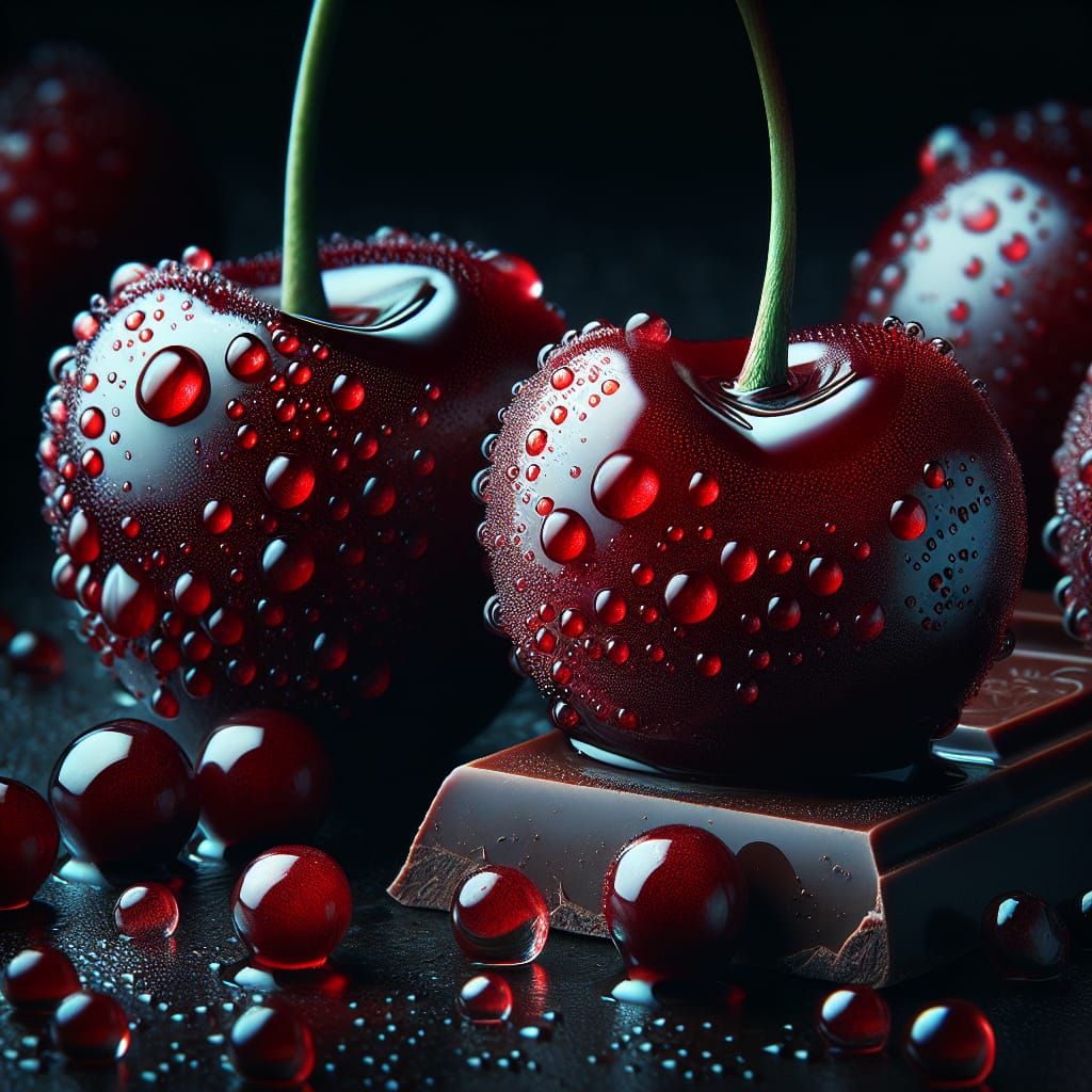 Glossy Cherries with Chocolate in Dark Setting