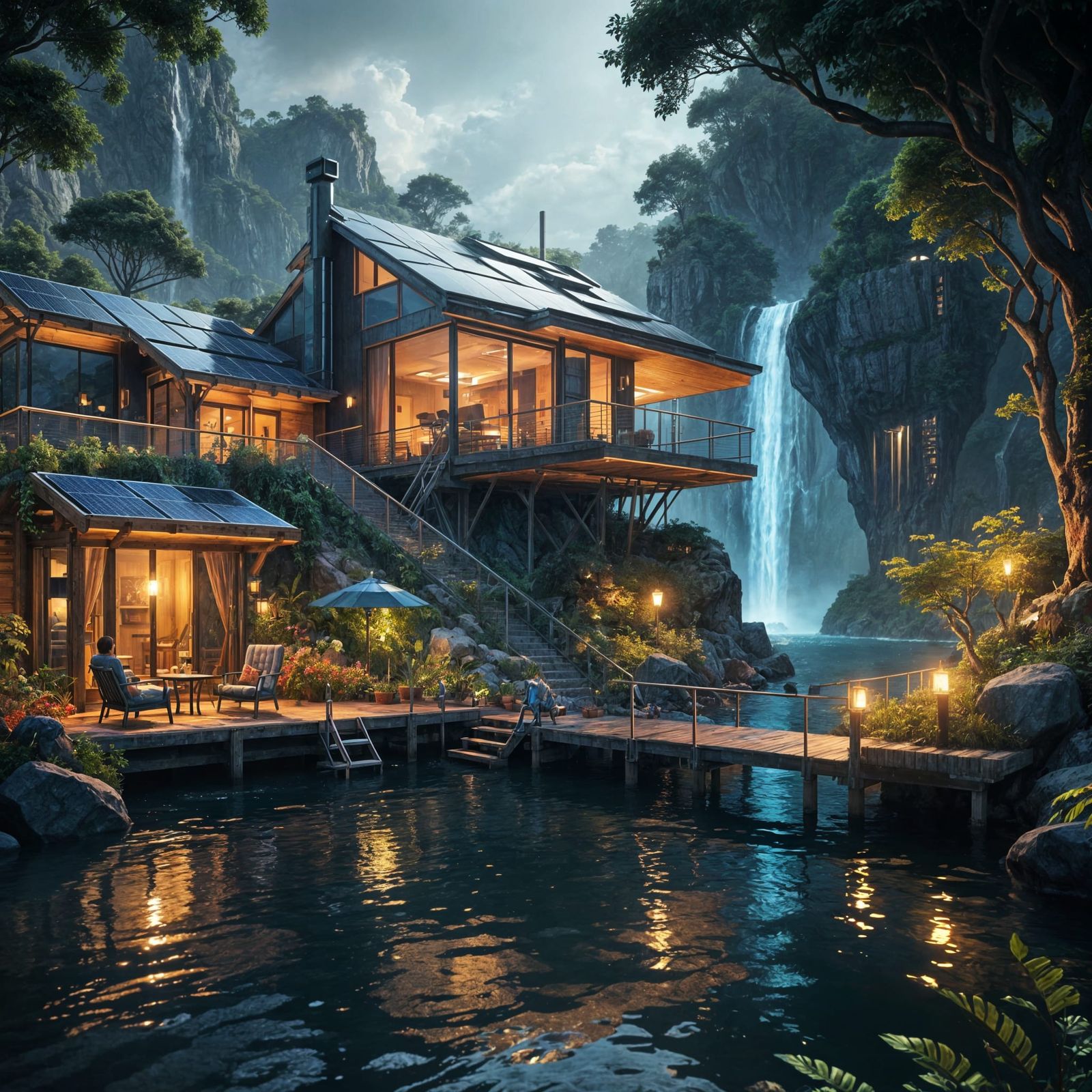 Solar punk. A floating eco-settlement uses clean energy and is surrounded by thriving nature.
