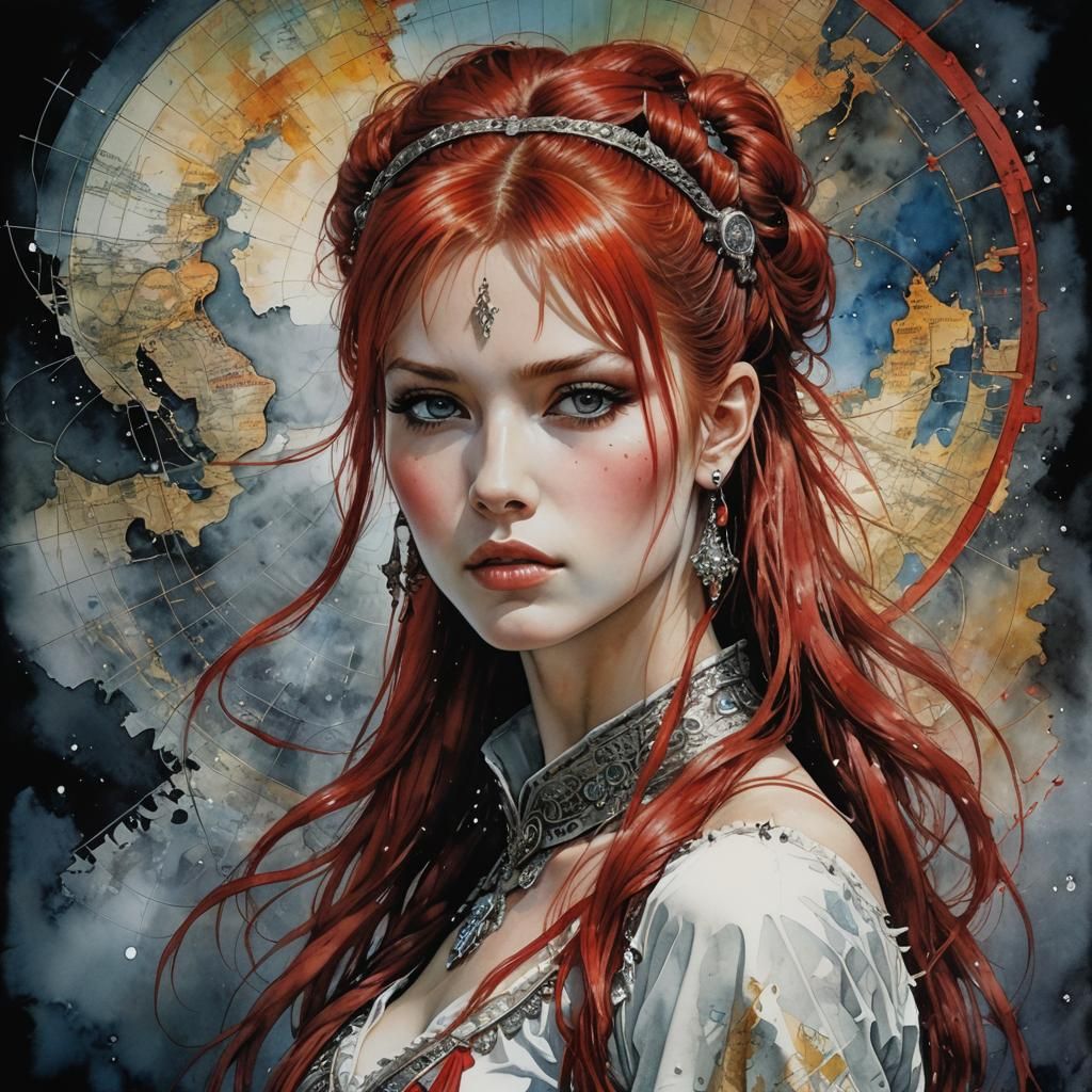 Watercolor Portrait of Woman with Maps, by Luis Royo