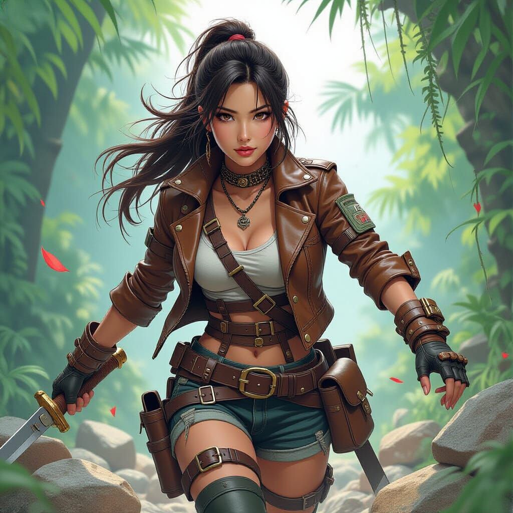 Steampunk Jungle Explorer in Anime Sketch Style