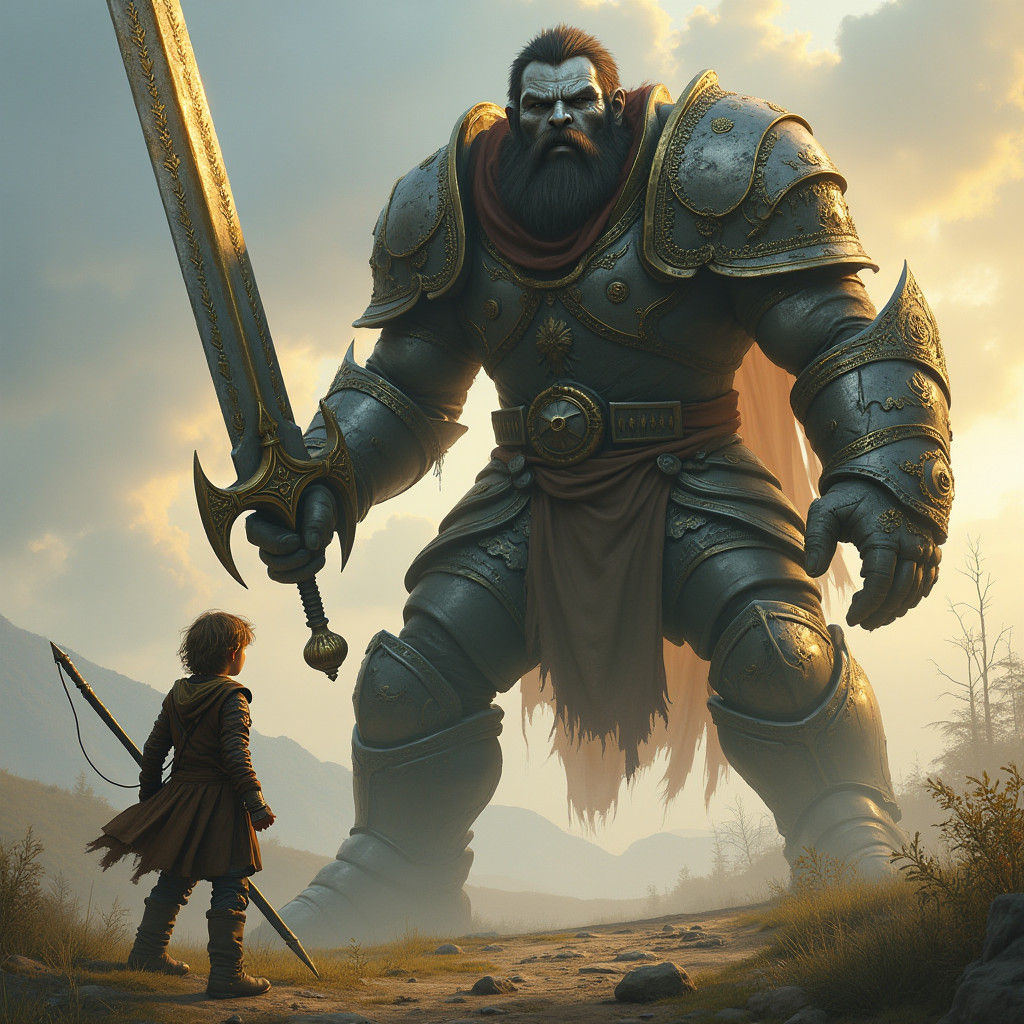 Shepherd Boy Confronts Armored Giant with Sword