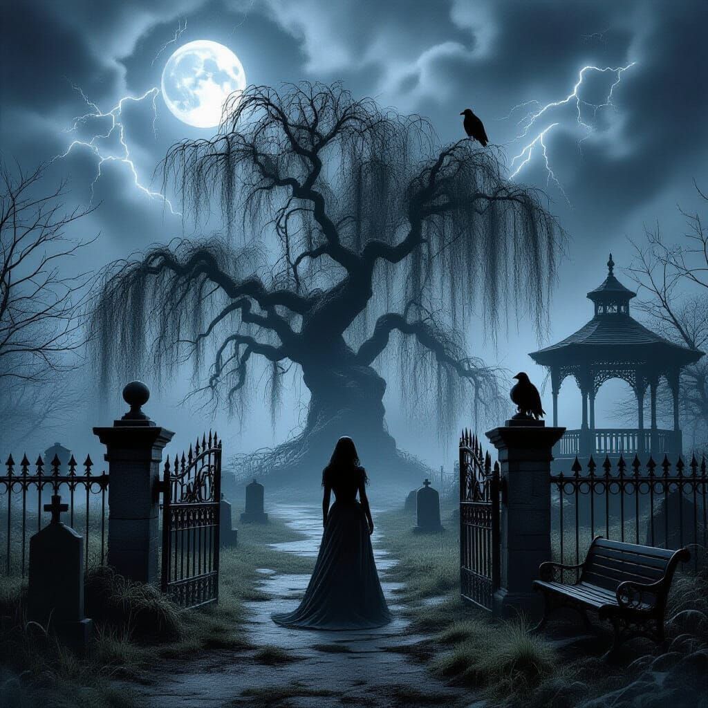 Eerie Garden Scene in Charcoal Sketch Style