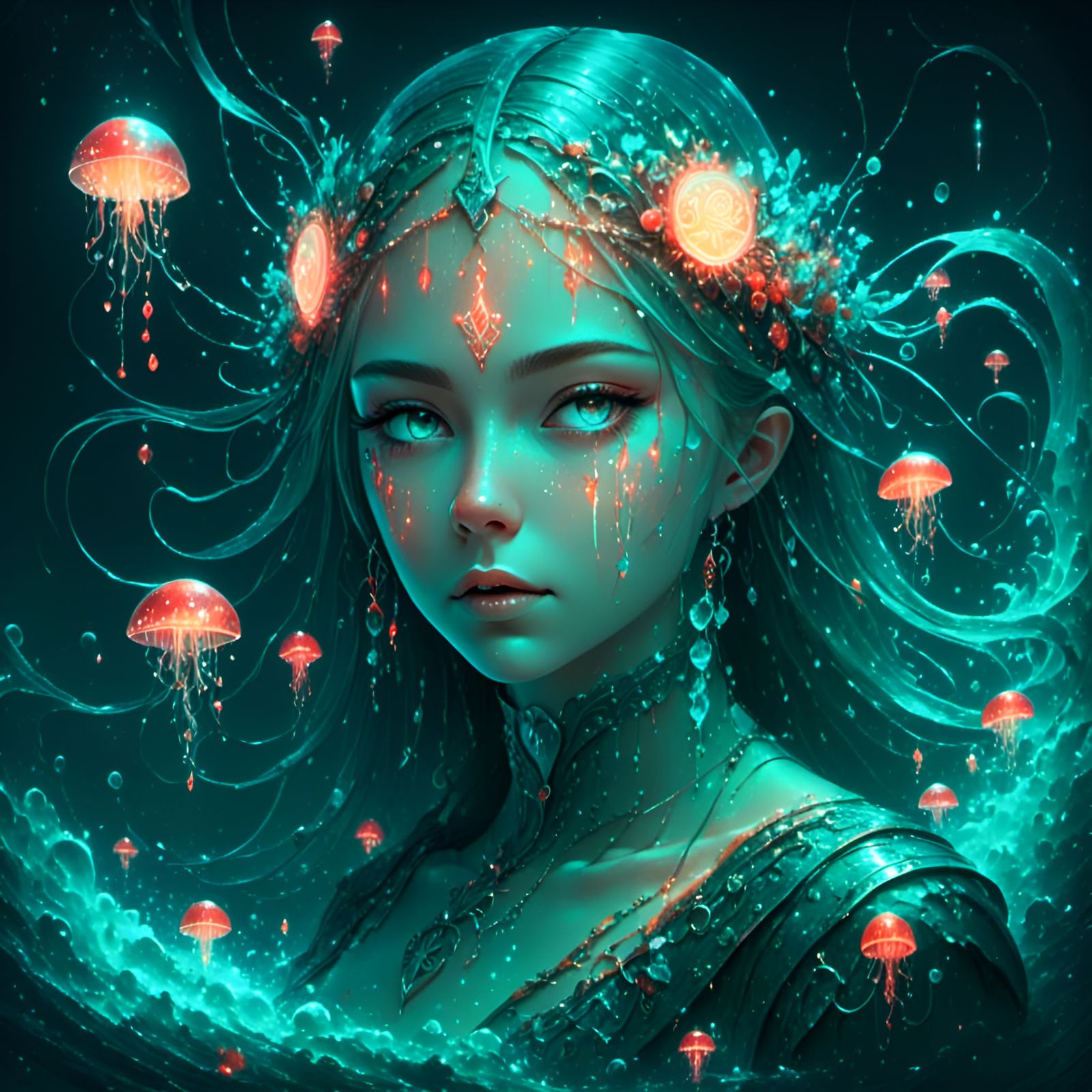 Magical Slavic Beauty with Glowing Runes and Ocean Waves