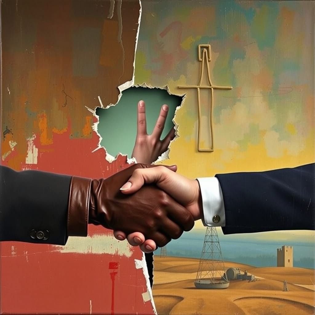 Surreal Handshake Through Canvas in Surrealist Style