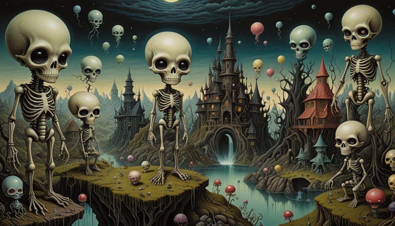 Vibrant Crayon Drawing with Dark Whimsy and Eerie Atmosphere