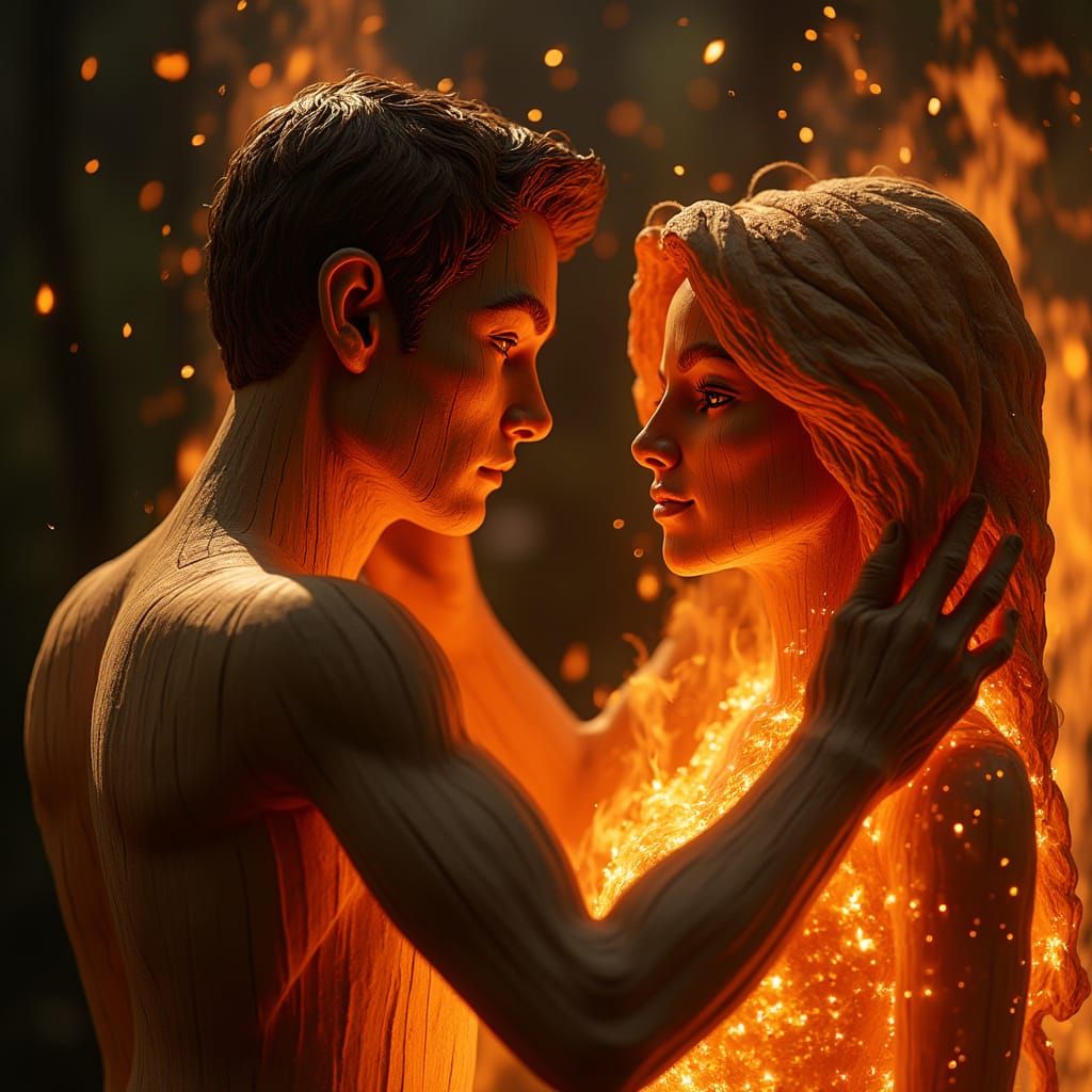 Wooden Sculpture of Gentle Man and Fiery Woman in a Tender T...