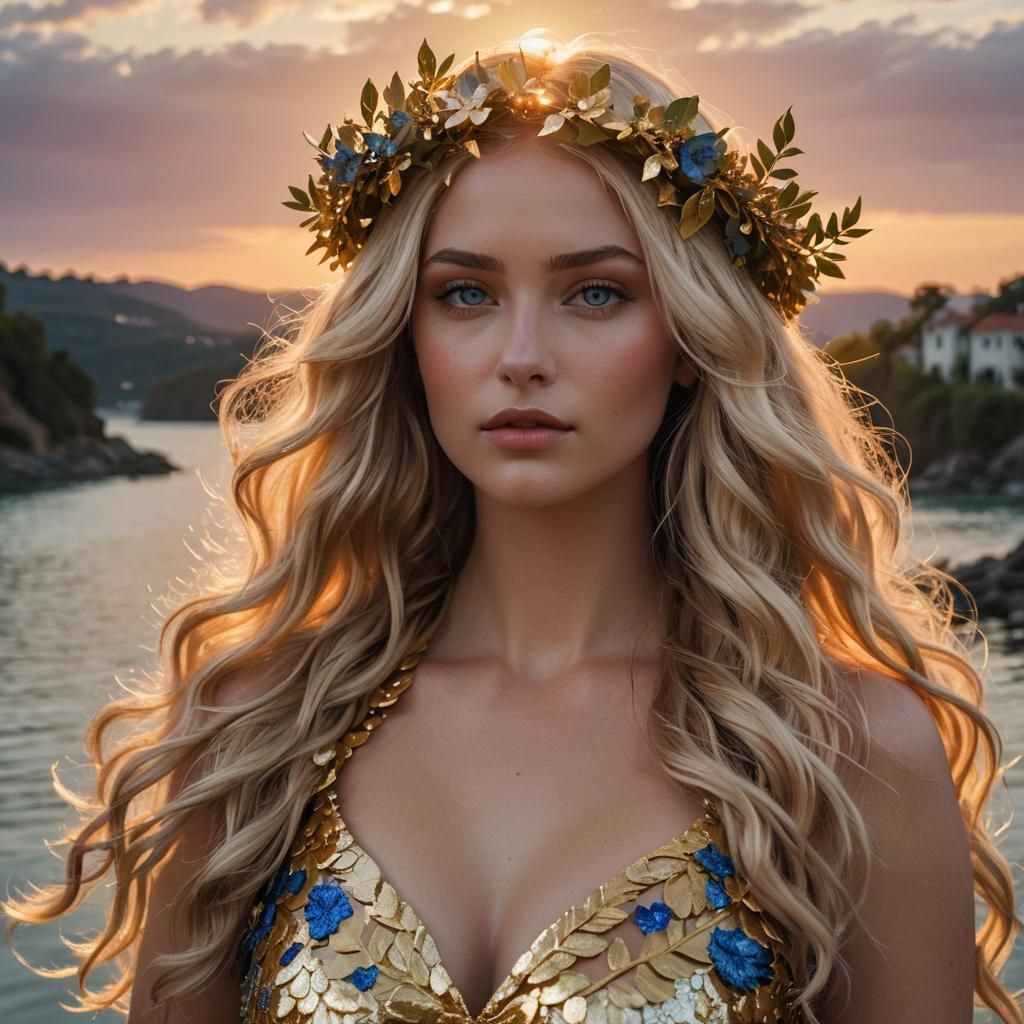 Curvy Blonde with Golden Wreath in Sunset Landscape